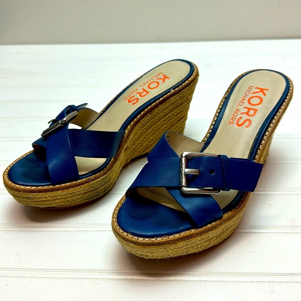 Michael Kors blue leather wedge sandal size 6